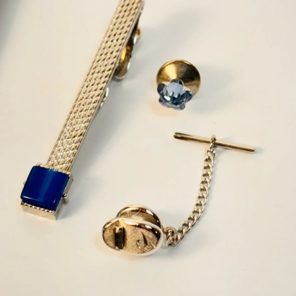 Vintage Swank Tie Clip Lapel Pin Set Blue Silver Tone Mesh Eclectic Dapper Goth